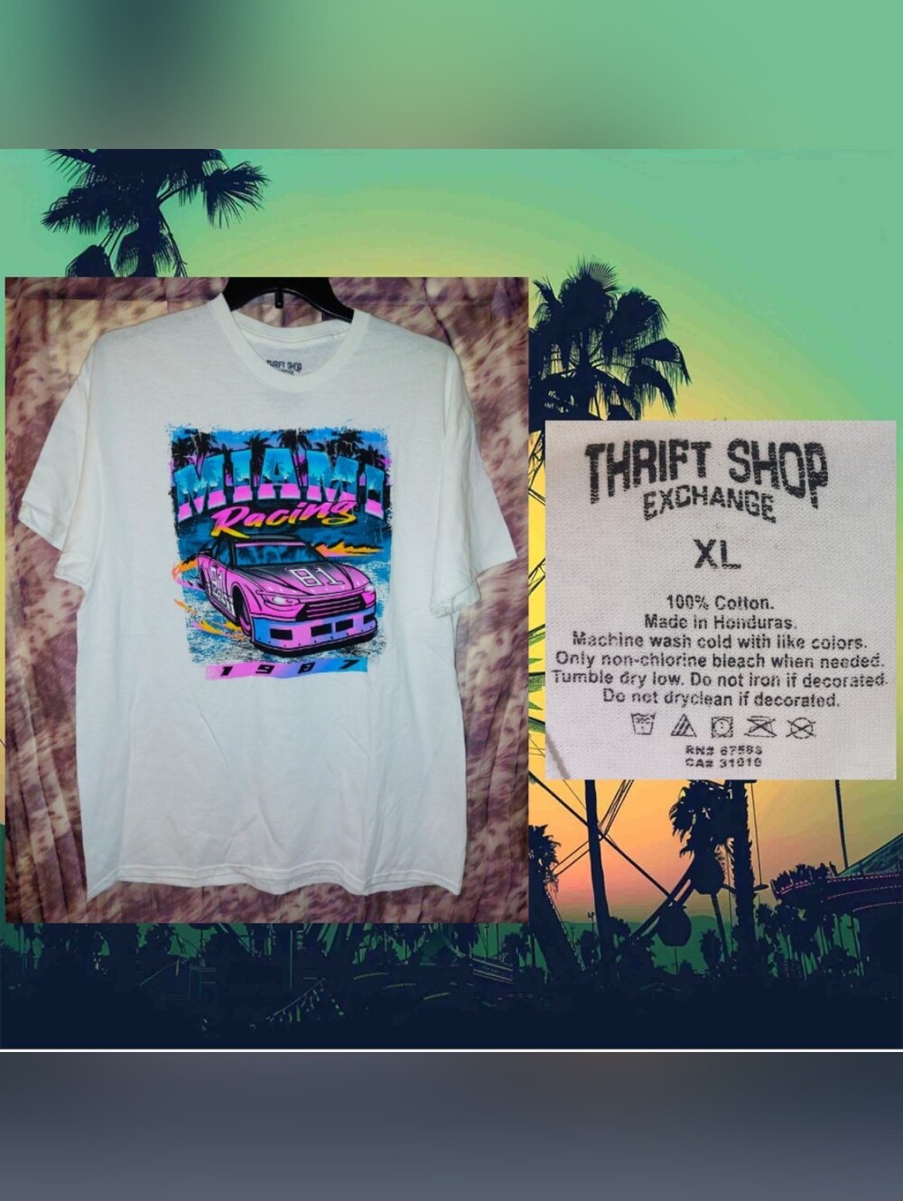 Thirft Shop Exchange Wht/Multiclr Retro Tropical Miami Racing Graphic T-Shirt XL